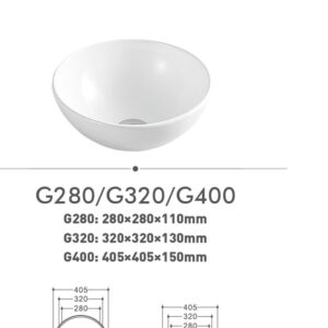 White ceramic bowl with dimensions for G280, G320, G400 models.