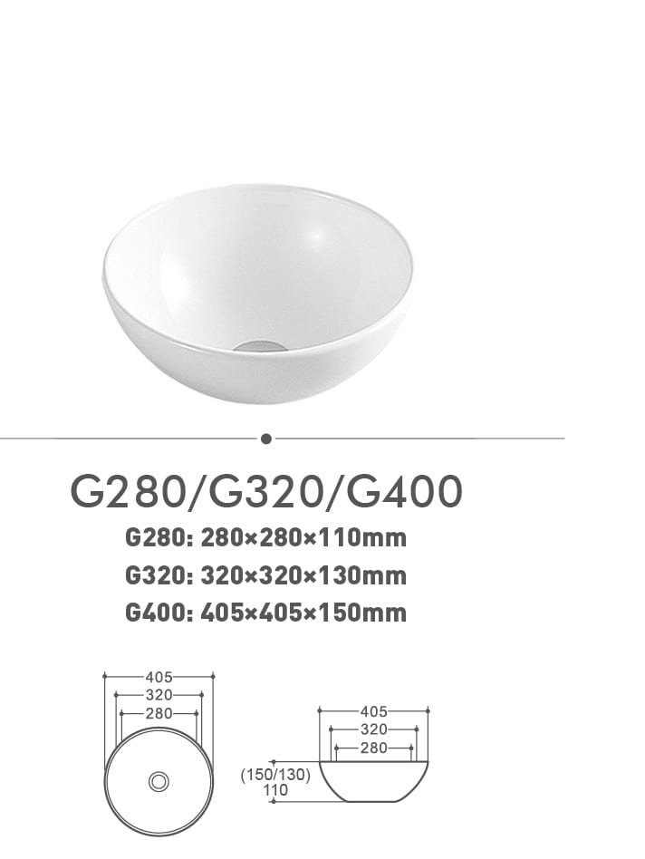 White ceramic bowl with dimensions for G280, G320, G400 models.