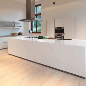 Modern kitchen with marble island and built-in appliances.