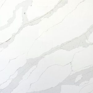 White marble countertop with gray veining pattern.