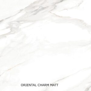 Marble texture with subtle gray veins, labeled "Oriental Charm Matt."