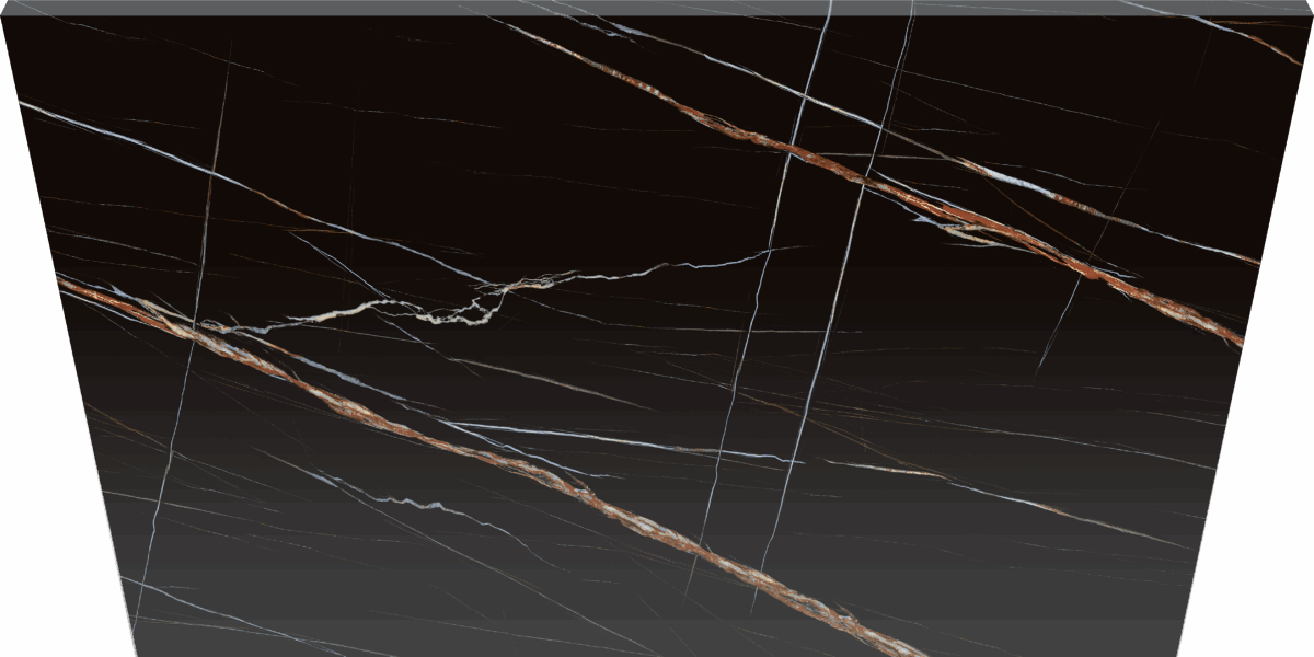 Black marble slab with white and orange veining.