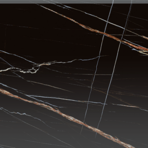 Black marble slab with white and orange veining.