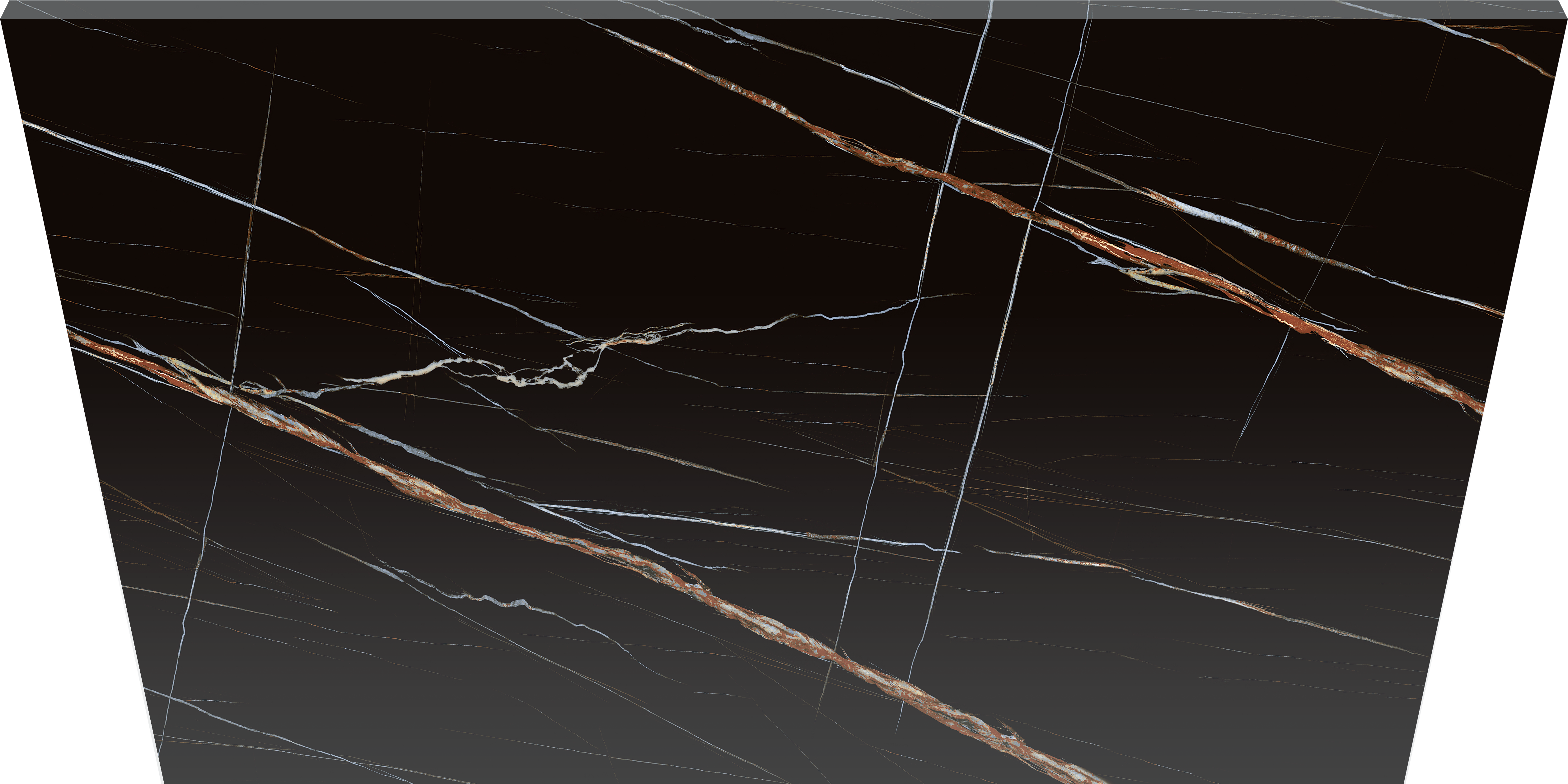 Black marble slab with white and orange veining.