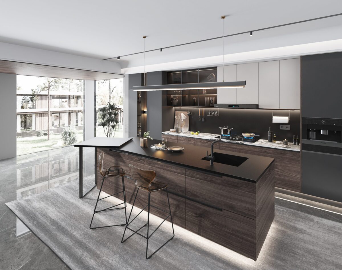 Modern kitchen with pure black countertop and bar stools.