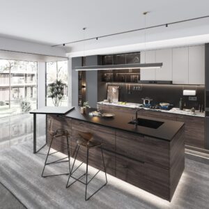 Modern kitchen with pure black countertop and bar stools.