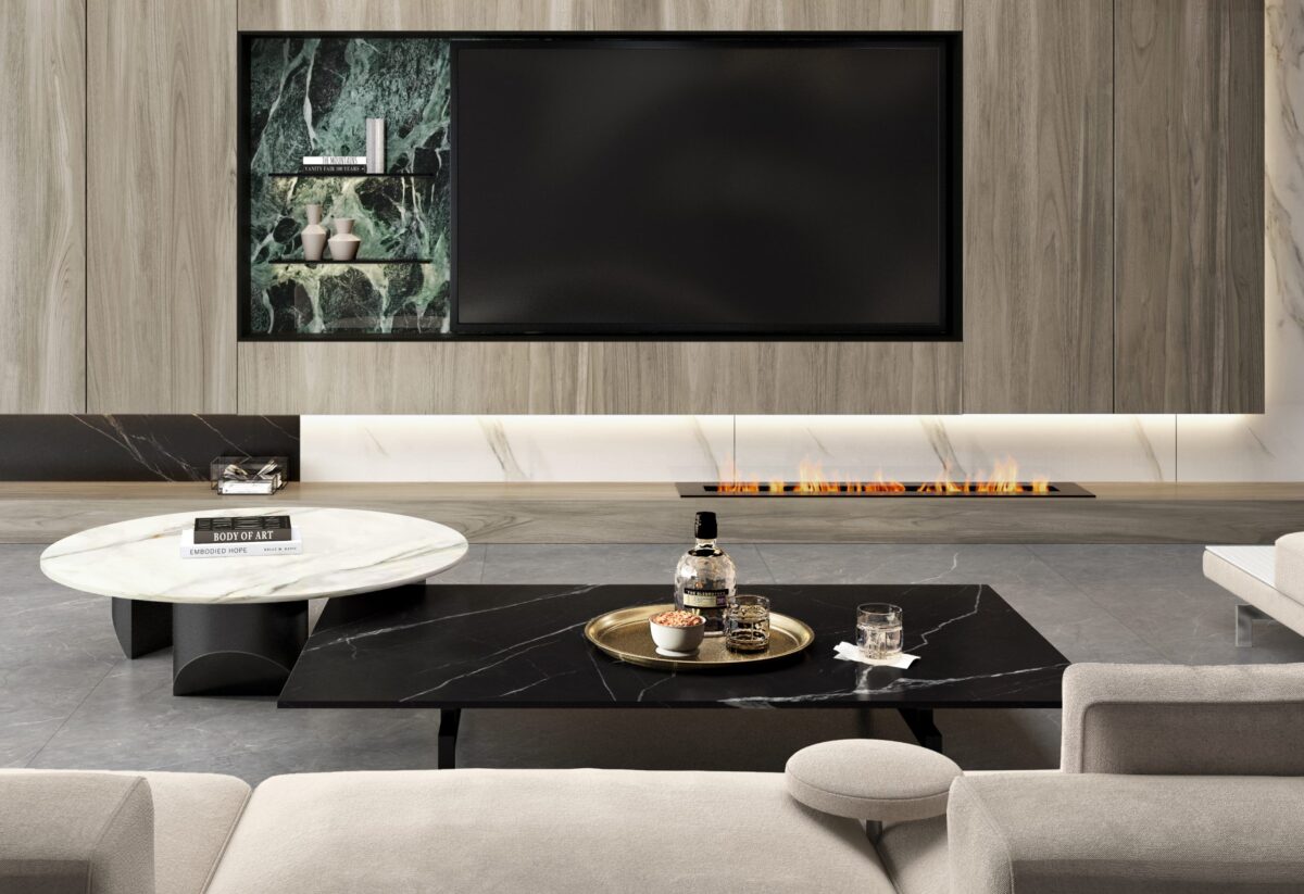 Modern living room with marble coffee table and wall-mounted TV.