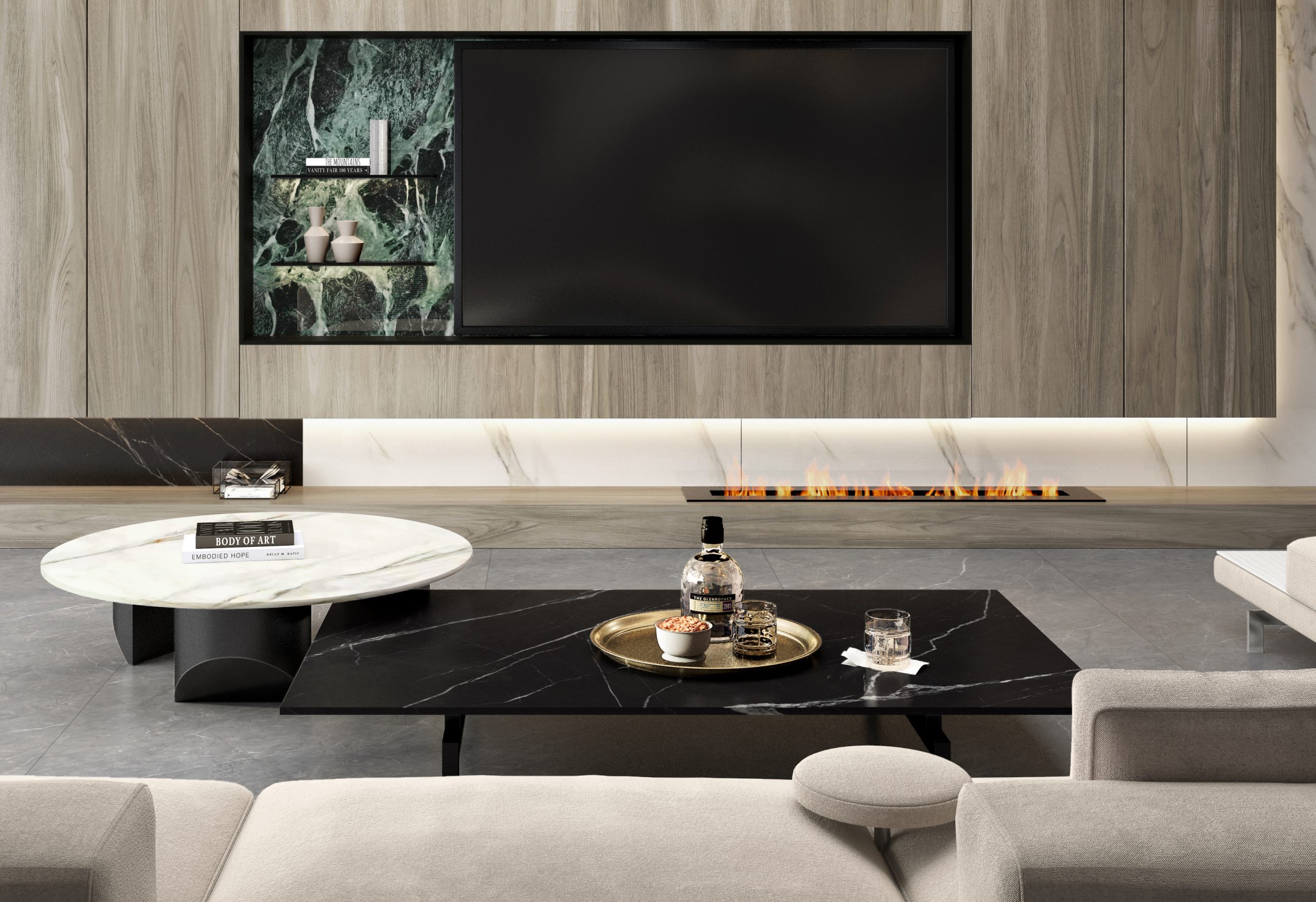 Modern living room with marble coffee table and wall-mounted TV.