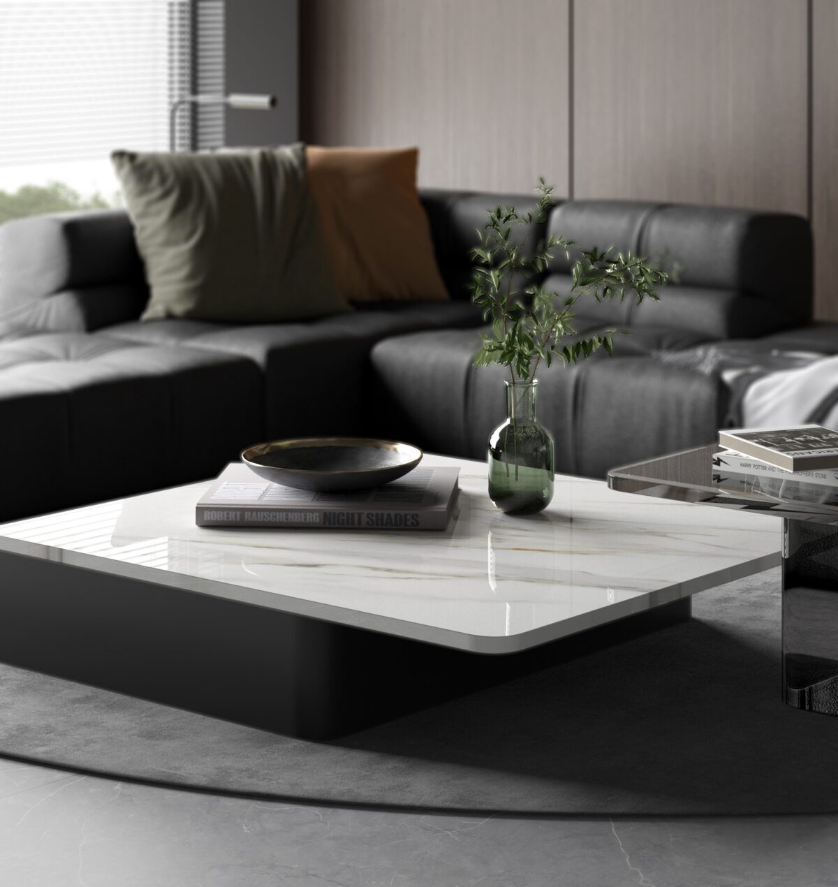 Modern living room with marble coffee table and gray sofa.