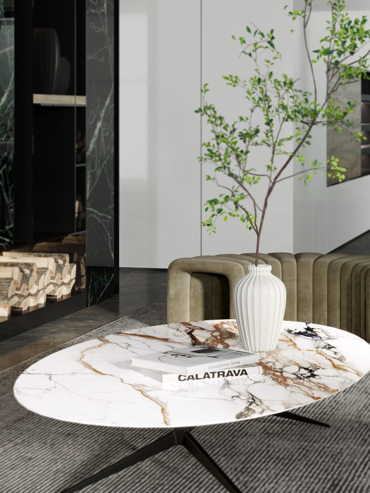 Modern living room with marble table, vase, and greenery.