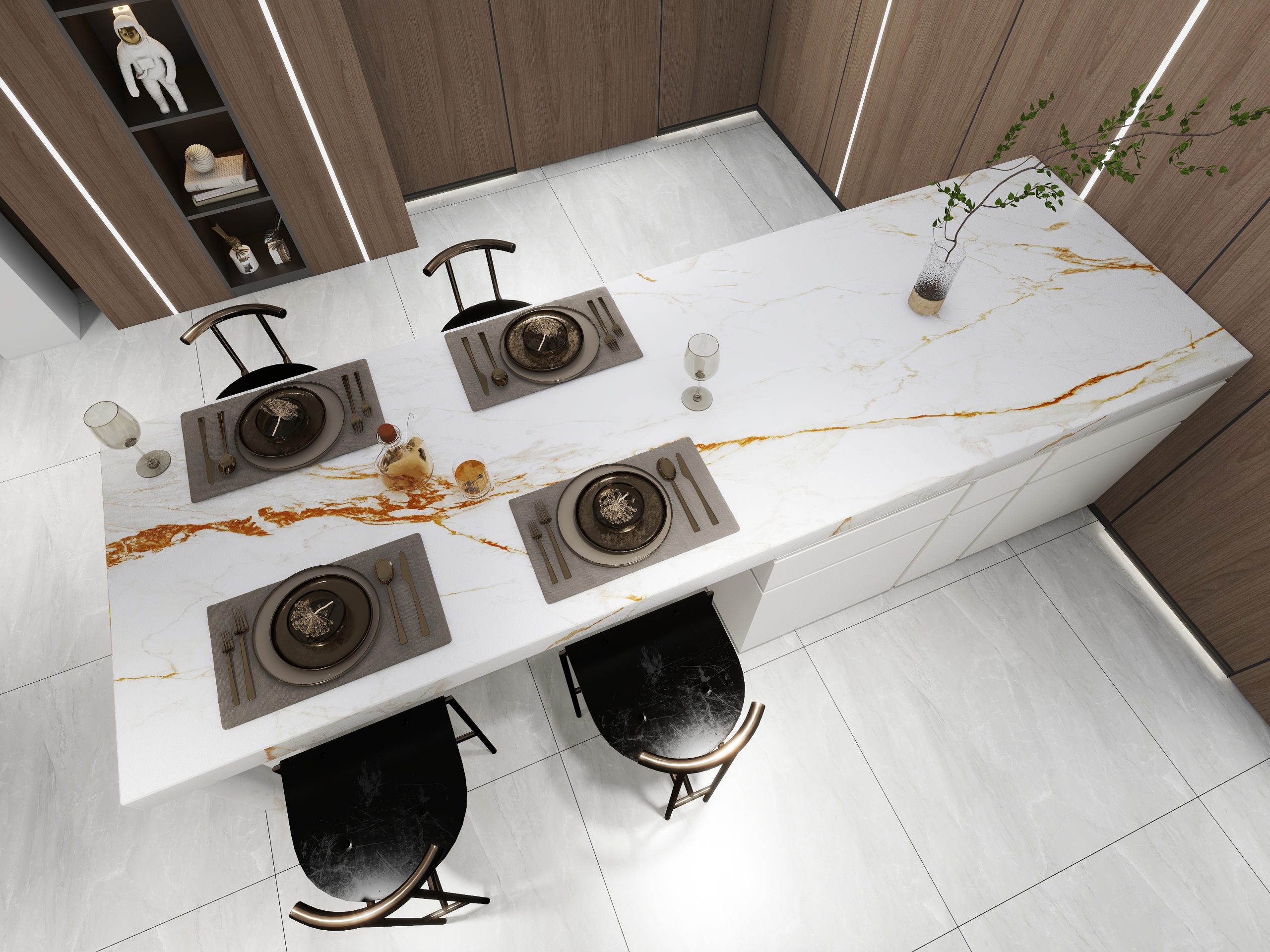 Modern kitchen with marble island, set dining table, and wooden cabinets.