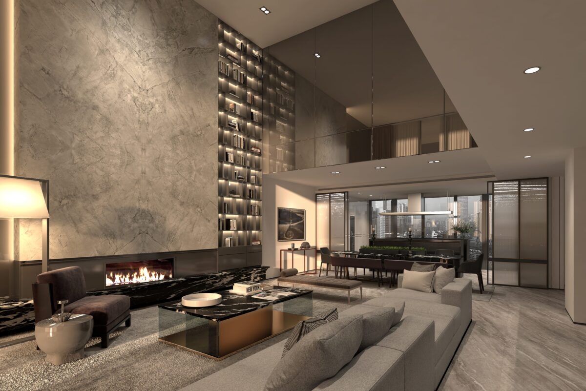 Modern living room with gray tones and fireplace.