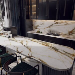 Luxurious kitchen with marble countertop and dark cabinets.