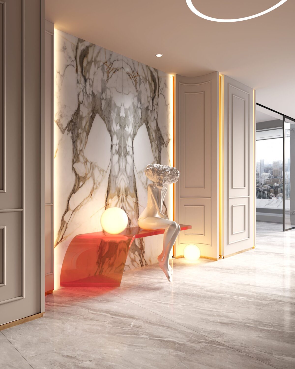 Modern entryway with marble wall, sculpture, and ambient lighting.
