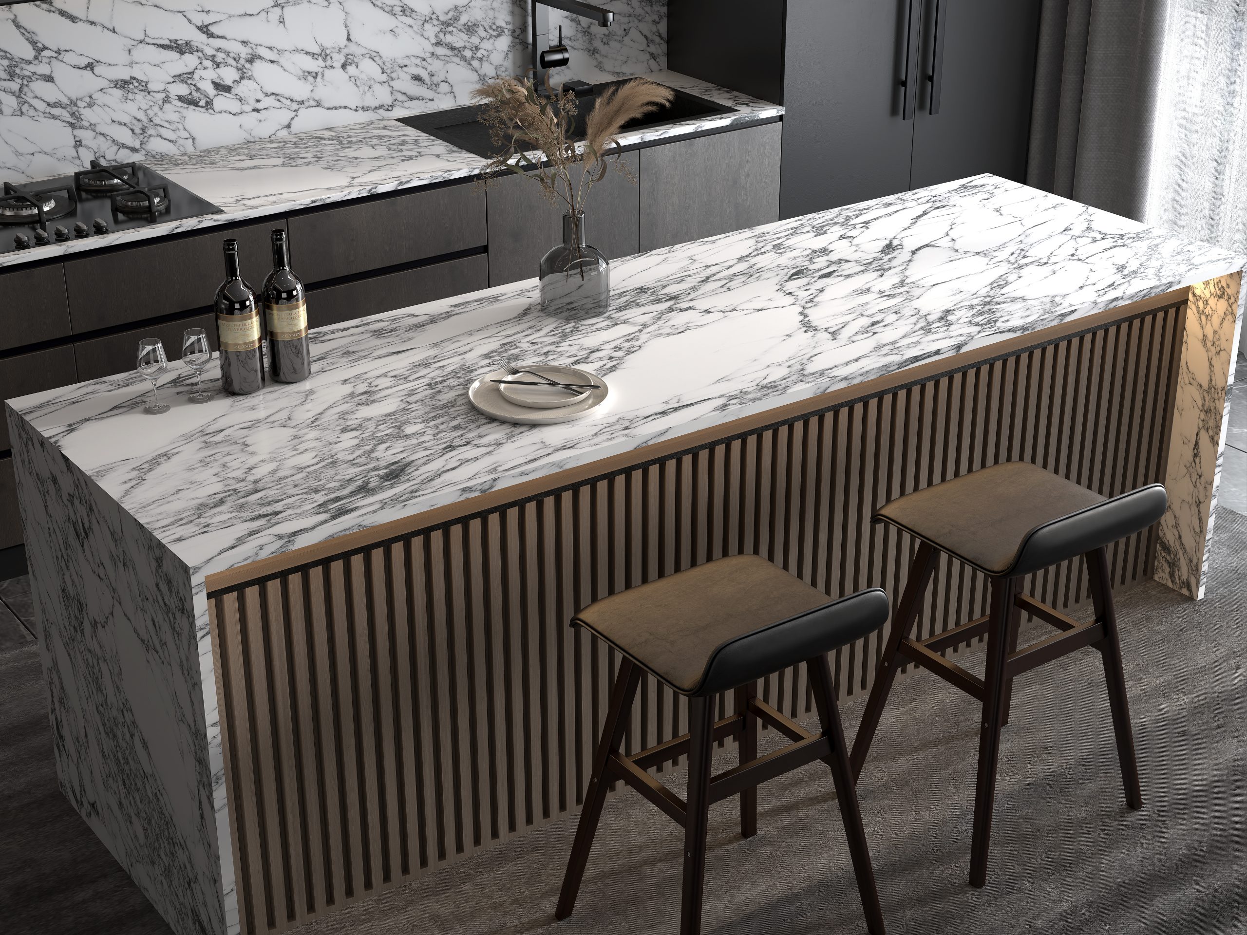 Modern kitchen with marble countertop and two stools.