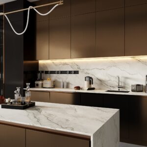 Modern kitchen with marble countertops and brown cabinets.