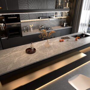 Modern kitchen with gray countertop and sleek appliances.