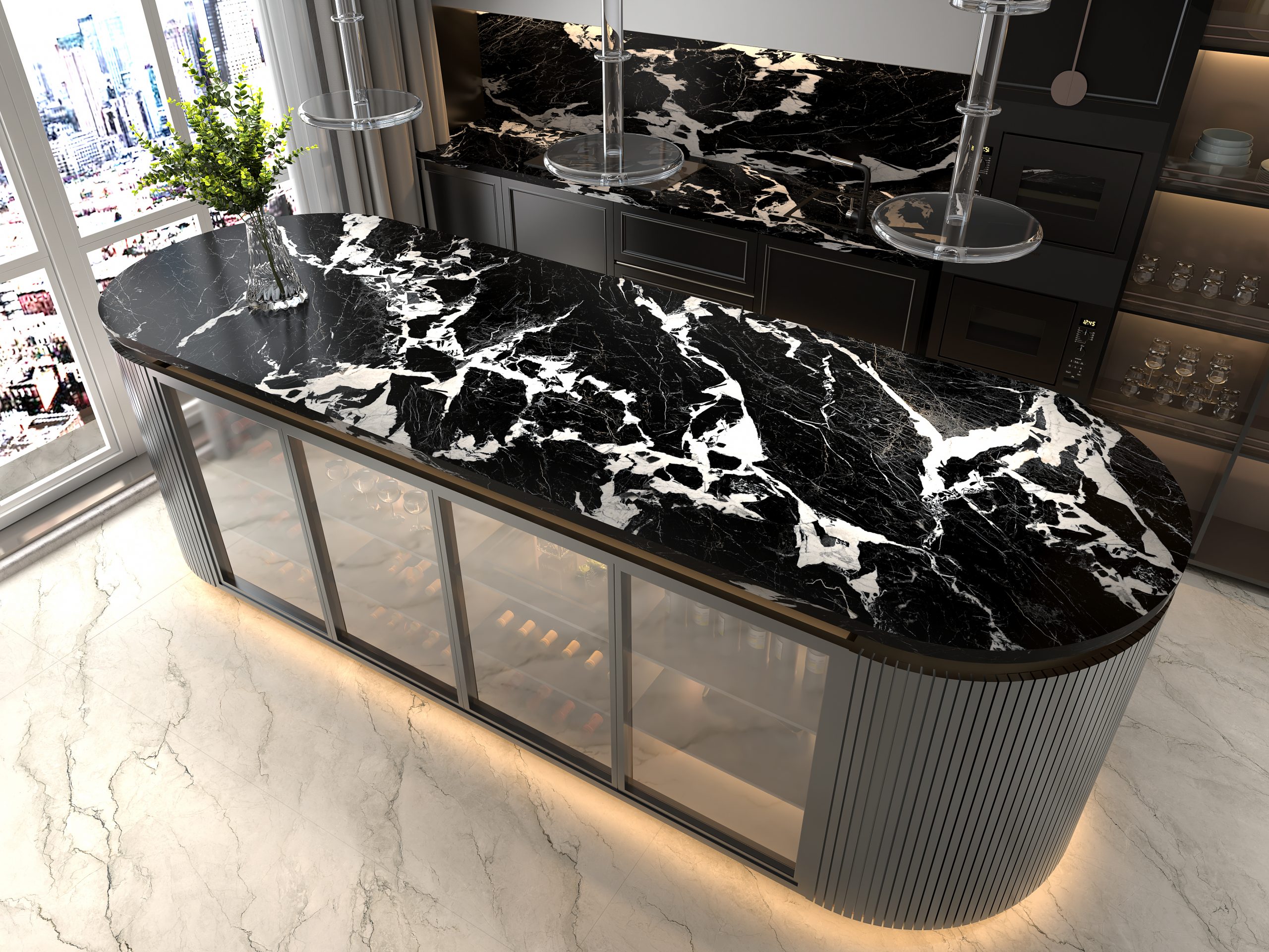 Black marble kitchen countertop with white veining, modern design.