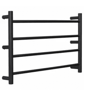 Black square heated towel rail with four bars.