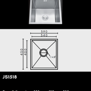 Stainless steel kitchen sink with dimensions and diagram.
