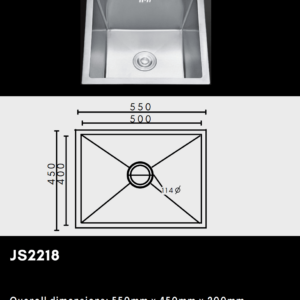Stainless steel kitchen sink with dimensions diagram.