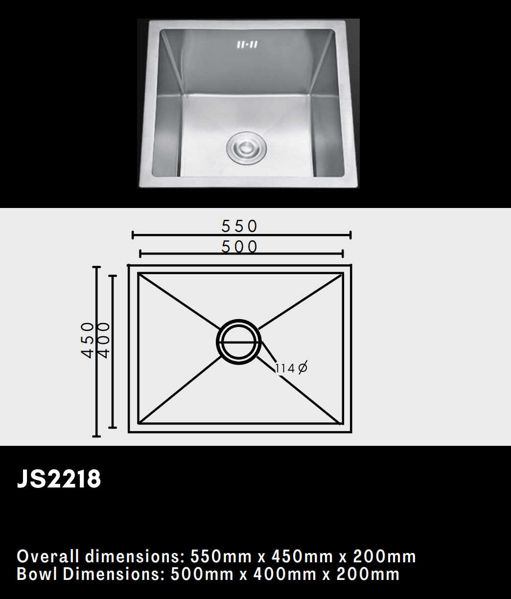 Stainless steel kitchen sink with dimensions diagram.