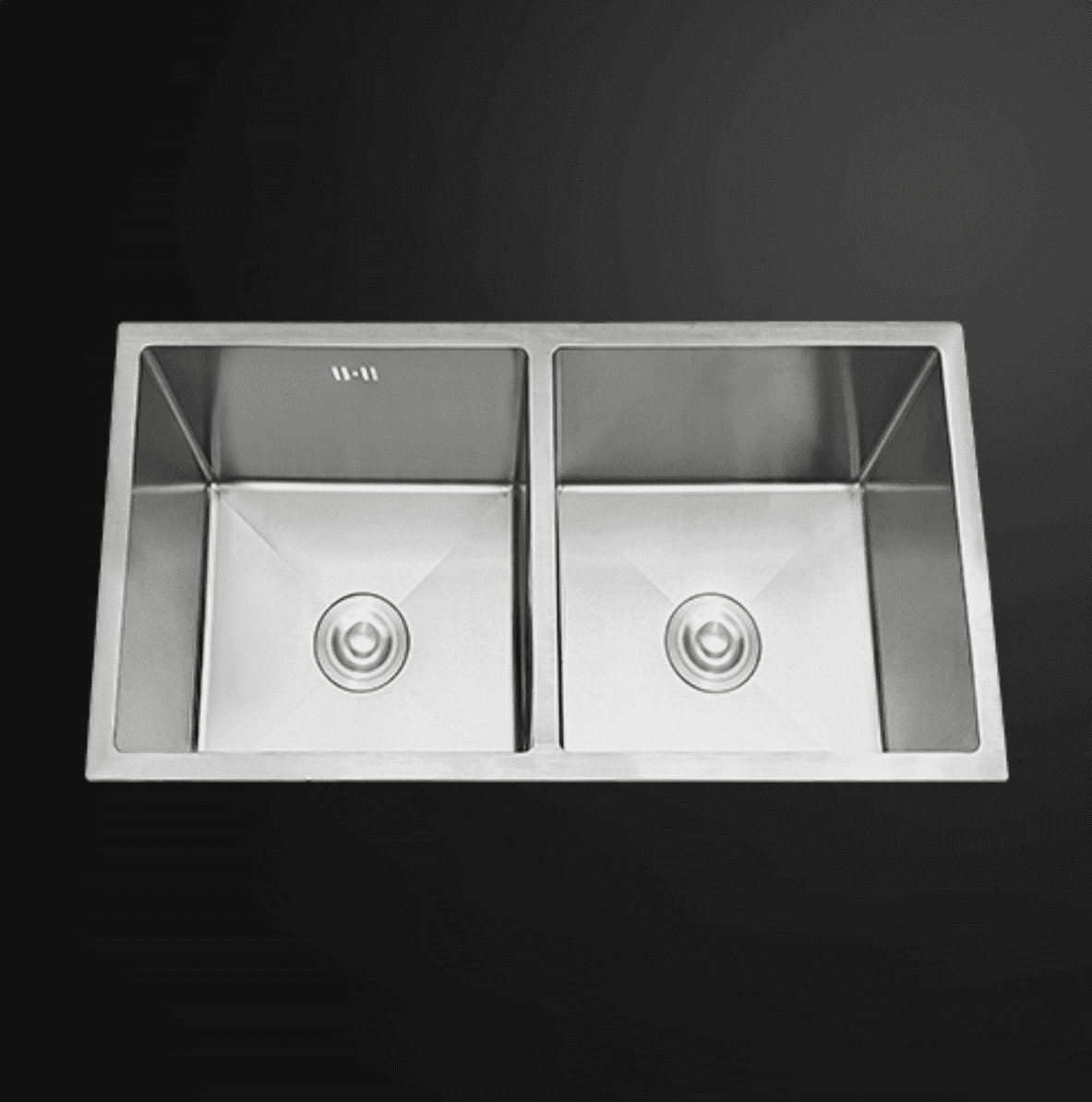 Stainless steel double kitchen sink with modern design.