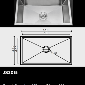 Stainless steel kitchen sink with dimensions and model number JS3018.