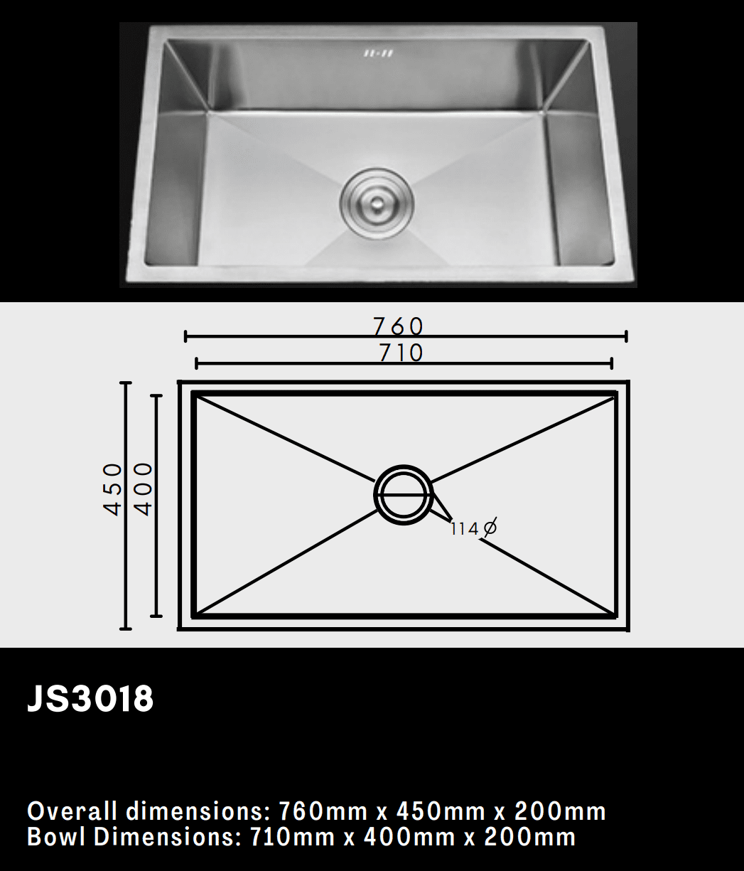 Stainless steel kitchen sink with dimensions and model number JS3018.