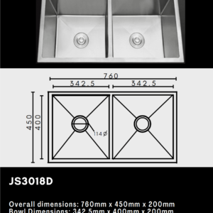 Double kitchen sink with dimensions and model JS3018D displayed.