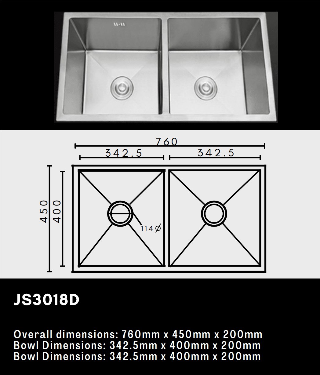 Double kitchen sink with dimensions and model JS3018D displayed.