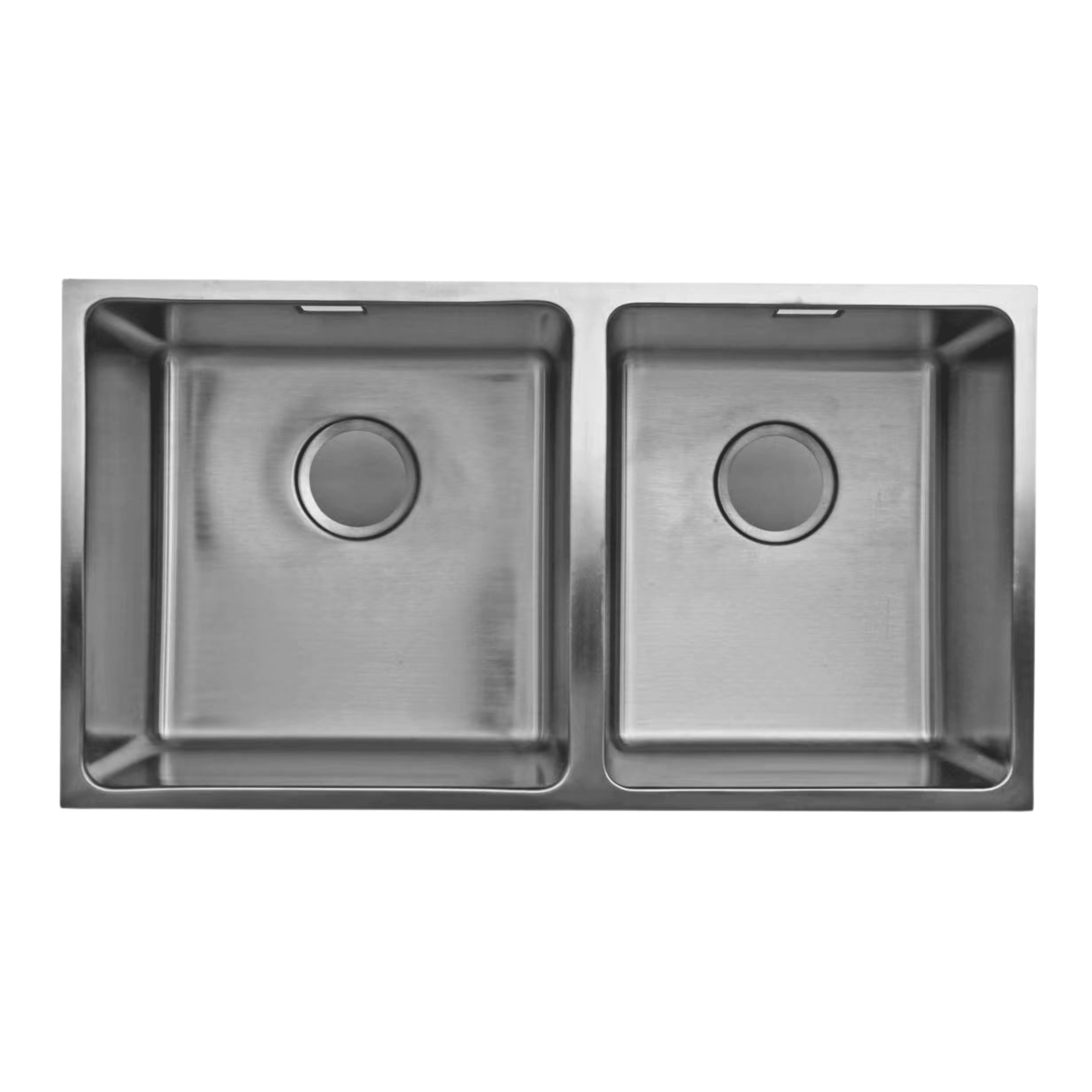 Stainless steel double kitchen sink with square basins.