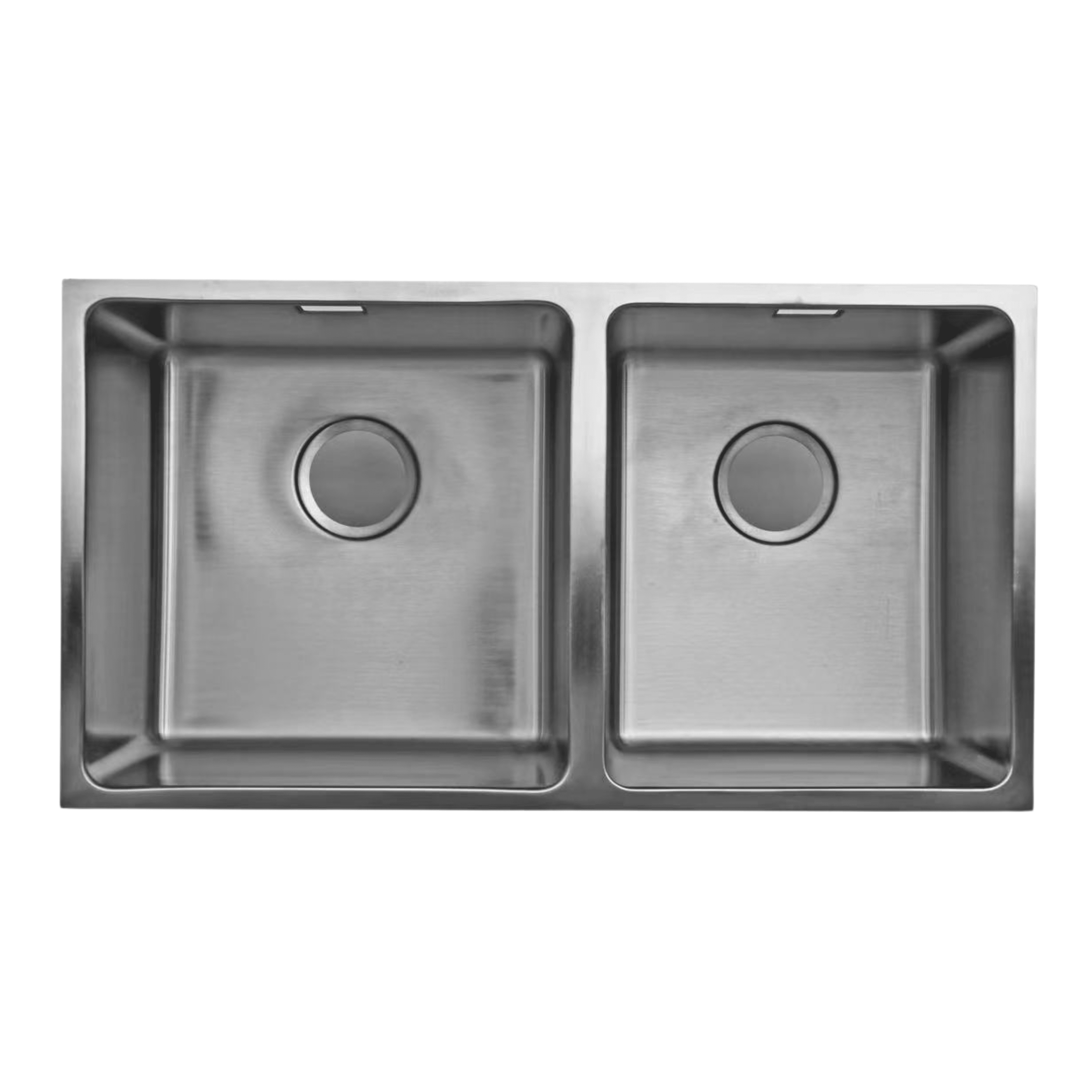 Stainless steel double kitchen sink with square basins.