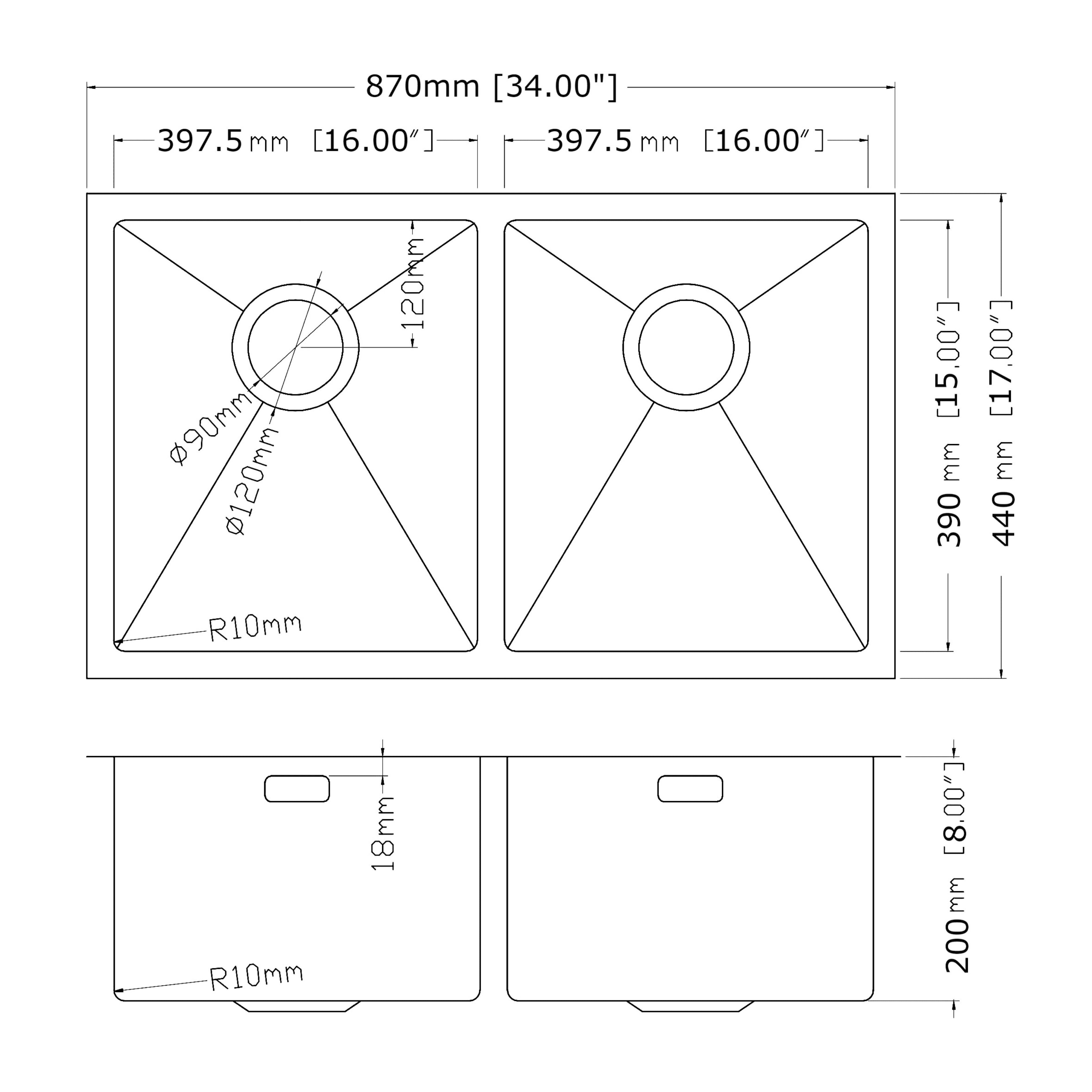 Double kitchen sink dimensions with detailed measurements in millimeters and inches.