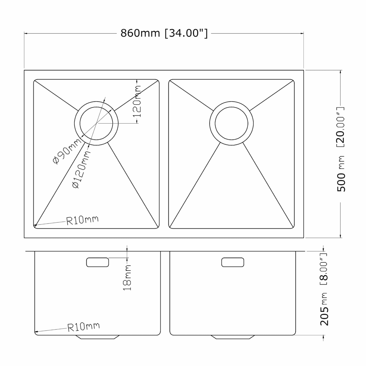 Technical drawing of a double kitchen sink with dimensions.