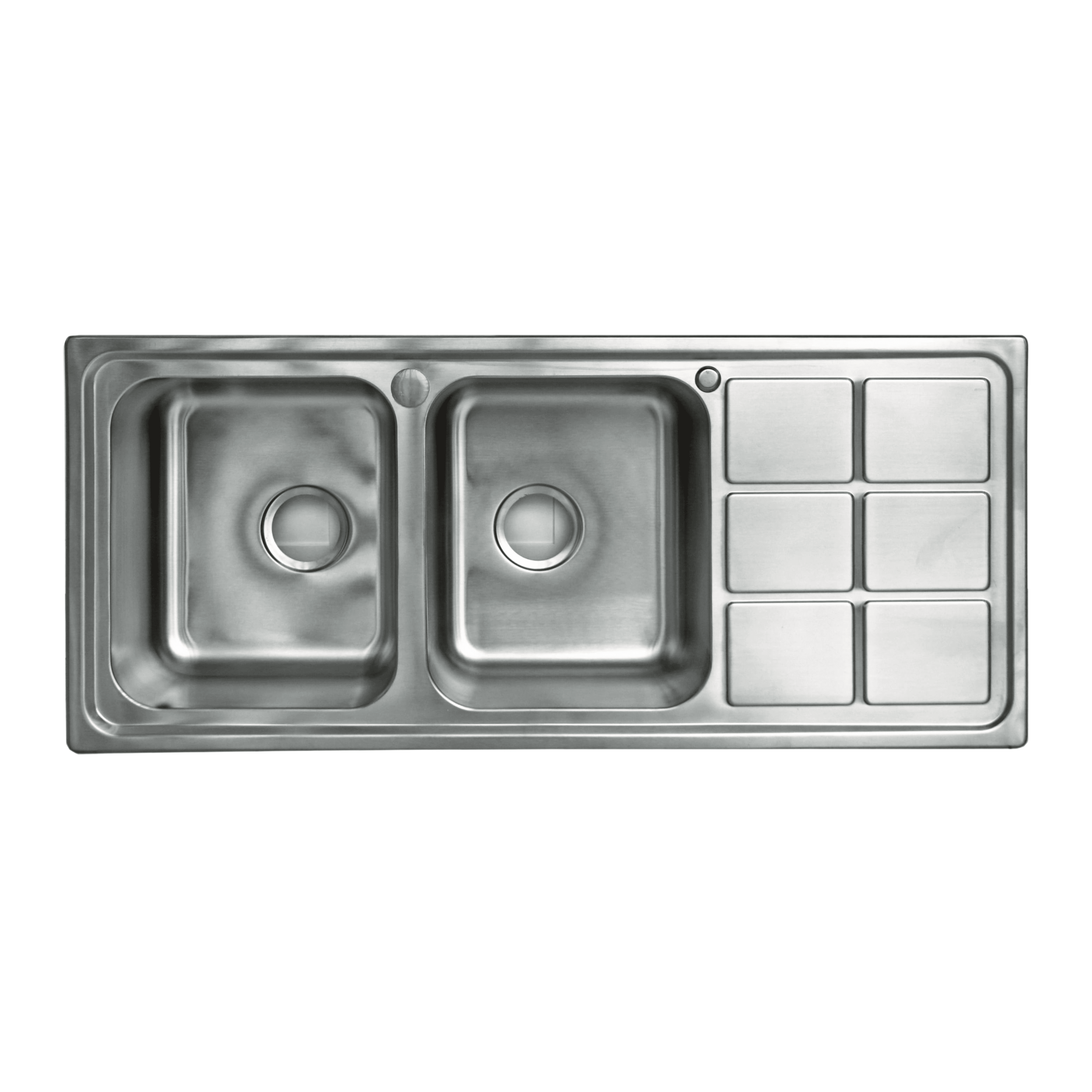 Stainless steel double kitchen sink with drainer.