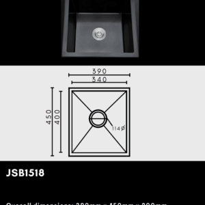 Black kitchen sink with dimensions and diagram