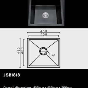Square black kitchen sink with dimensions 450mm x 450mm x 200mm.