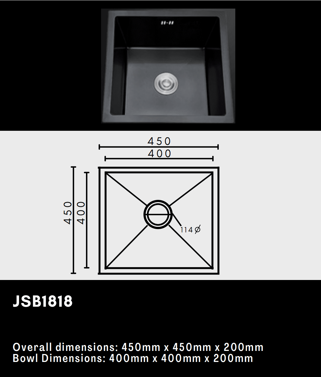 Square black kitchen sink with dimensions 450mm x 450mm x 200mm.