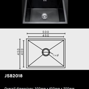 JSB2018 kitchen sink with dimensions: 500x450x200mm, bowl 450x400x200mm.