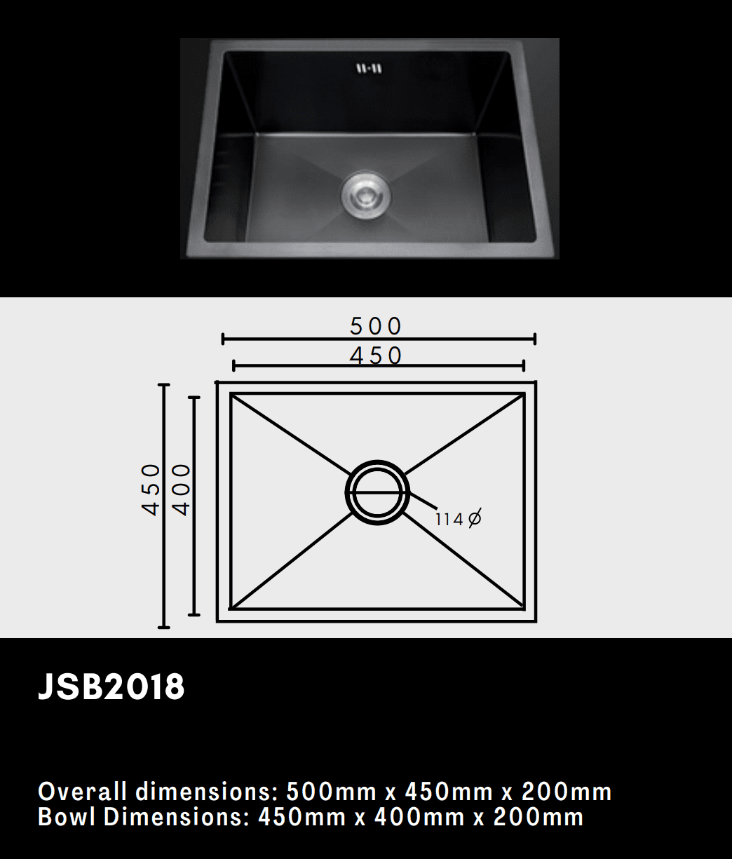 JSB2018 kitchen sink with dimensions: 500x450x200mm, bowl 450x400x200mm.