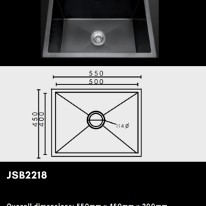 Black kitchen sink with dimensions and model number JSB2218.