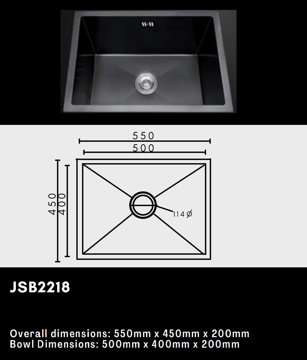 Black kitchen sink with dimensions and model number JSB2218.