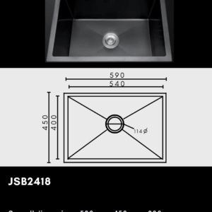Black kitchen sink with dimensions and diagram.