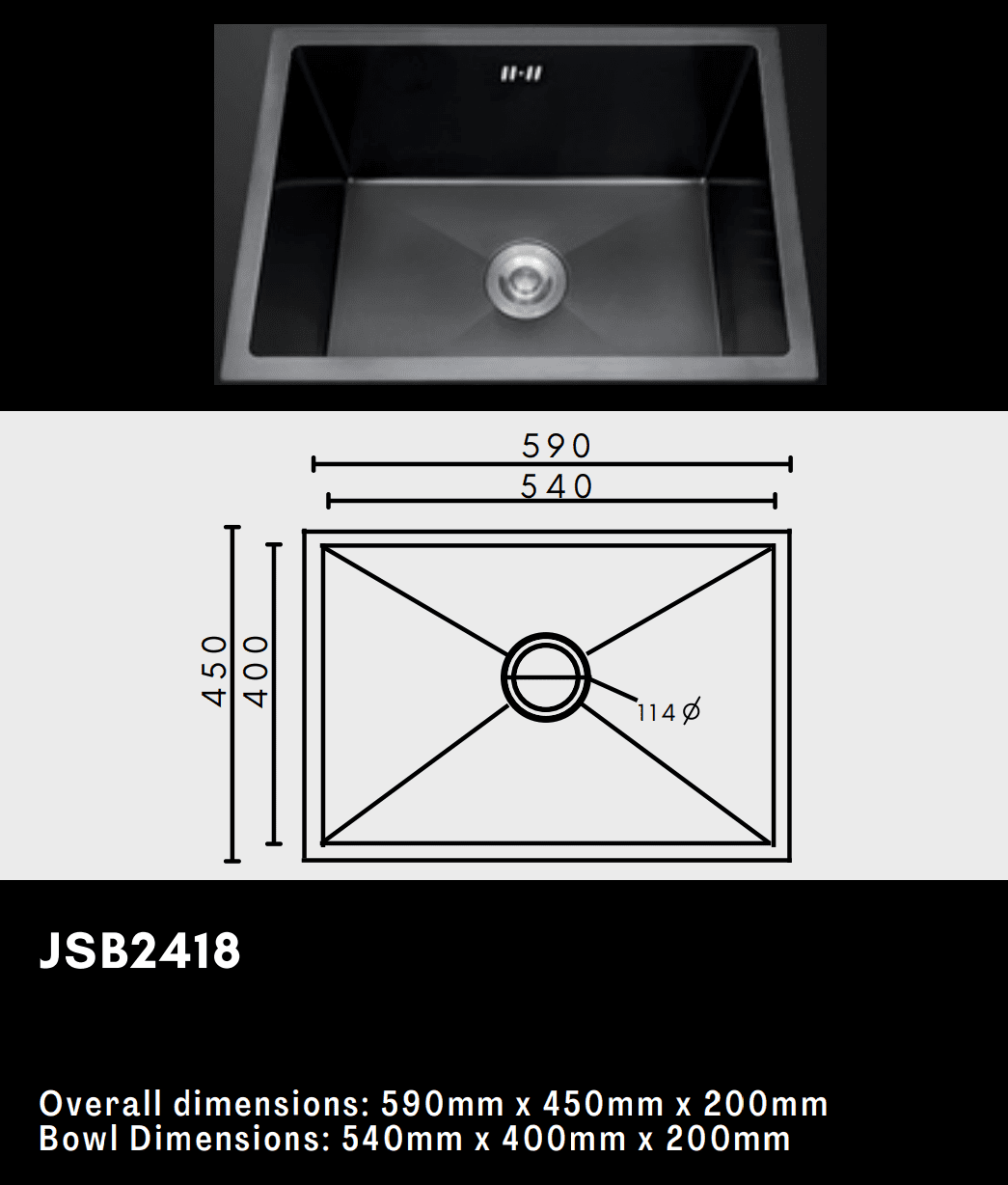 Black kitchen sink with dimensions and diagram.