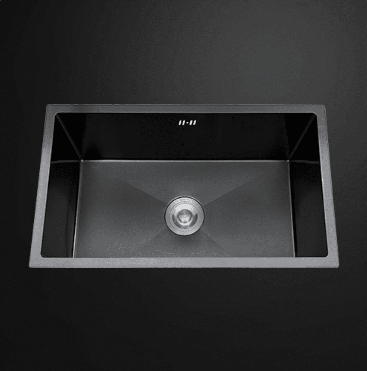 Black stainless steel kitchen sink with a modern design.