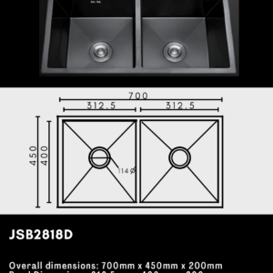 Double kitchen sink with dimensions and model number JSB2818D.