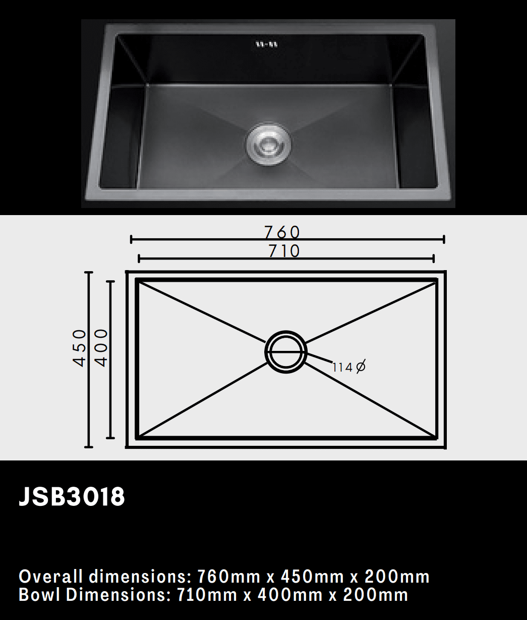 Stainless steel kitchen sink with dimensions and model number JSB3018.