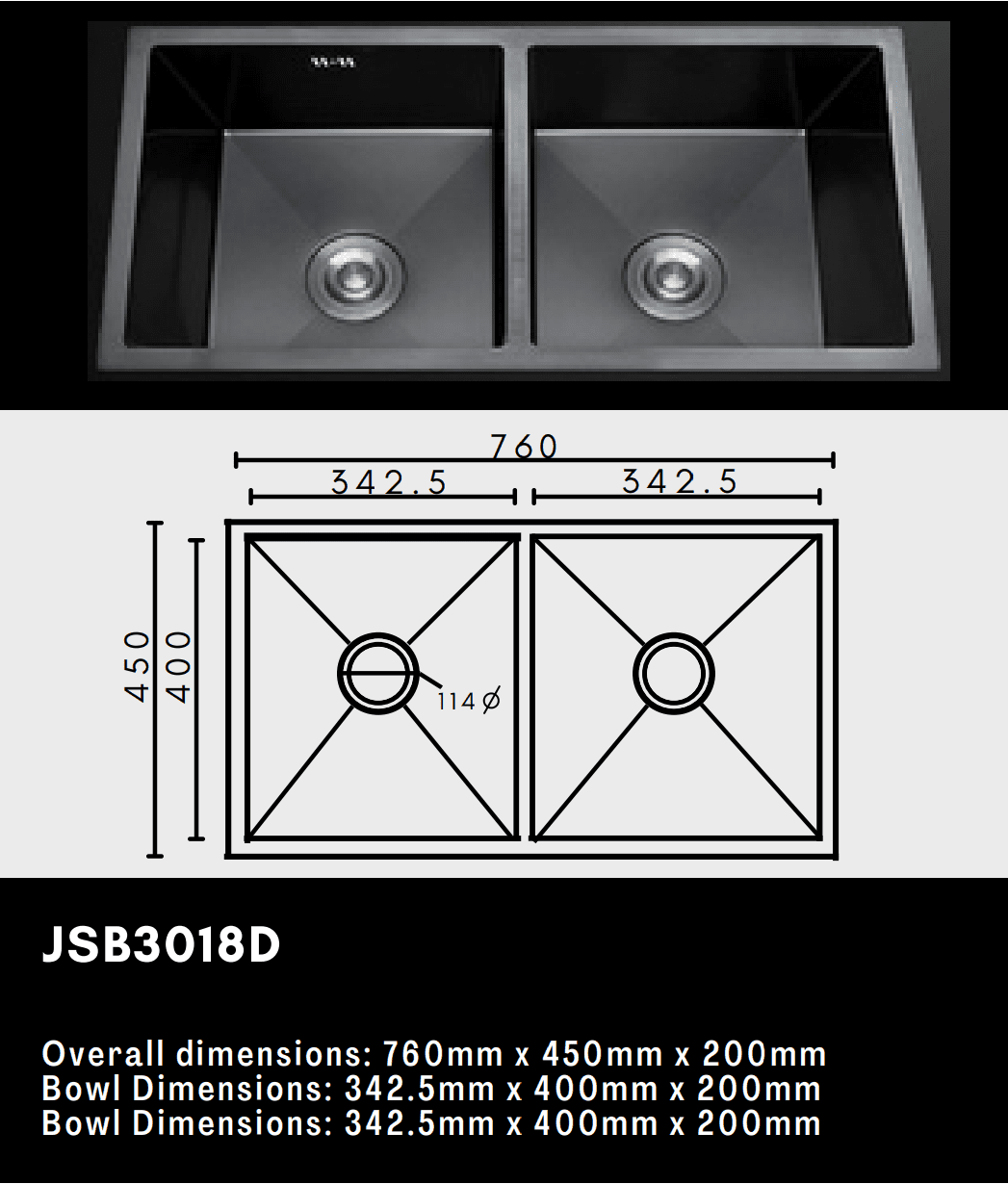 Double kitchen sink with dimensions and model number JSB3018D.