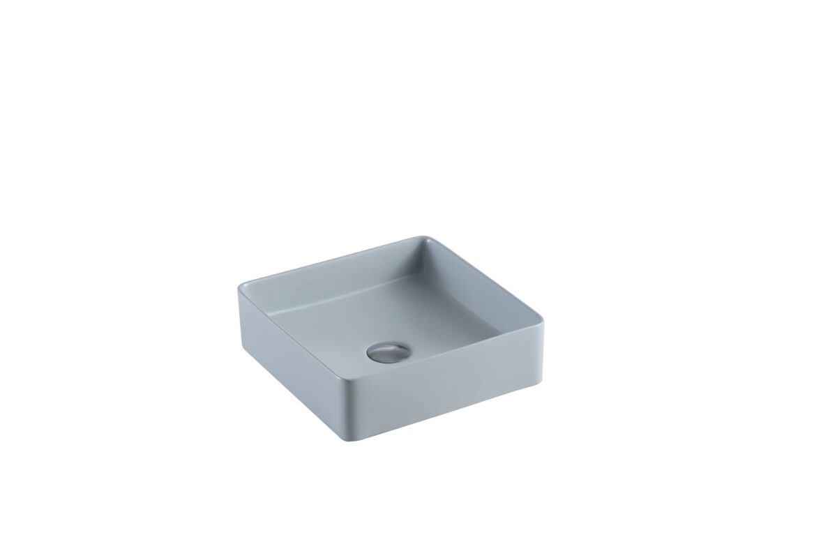 Square gray ceramic bathroom sink on white background.